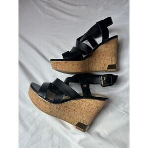 GUESS GWHEARTHZ Black Strappy Cork Wedge Sandals Gold Hardware Size 7.5M